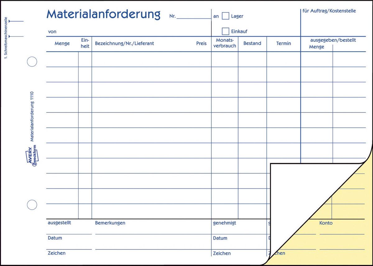 1110 Materialanforderung, DIN A5, vorgelocht, 2 x 50 Blatt, weiß, gelb