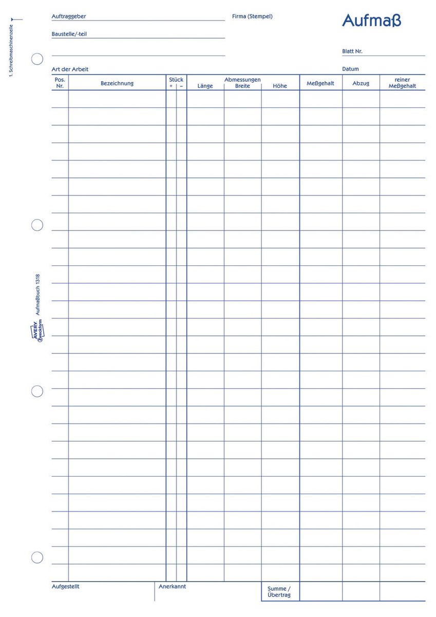 1318 Aufmaß, DIN A4, vorgelocht, 100 Blatt, weiß