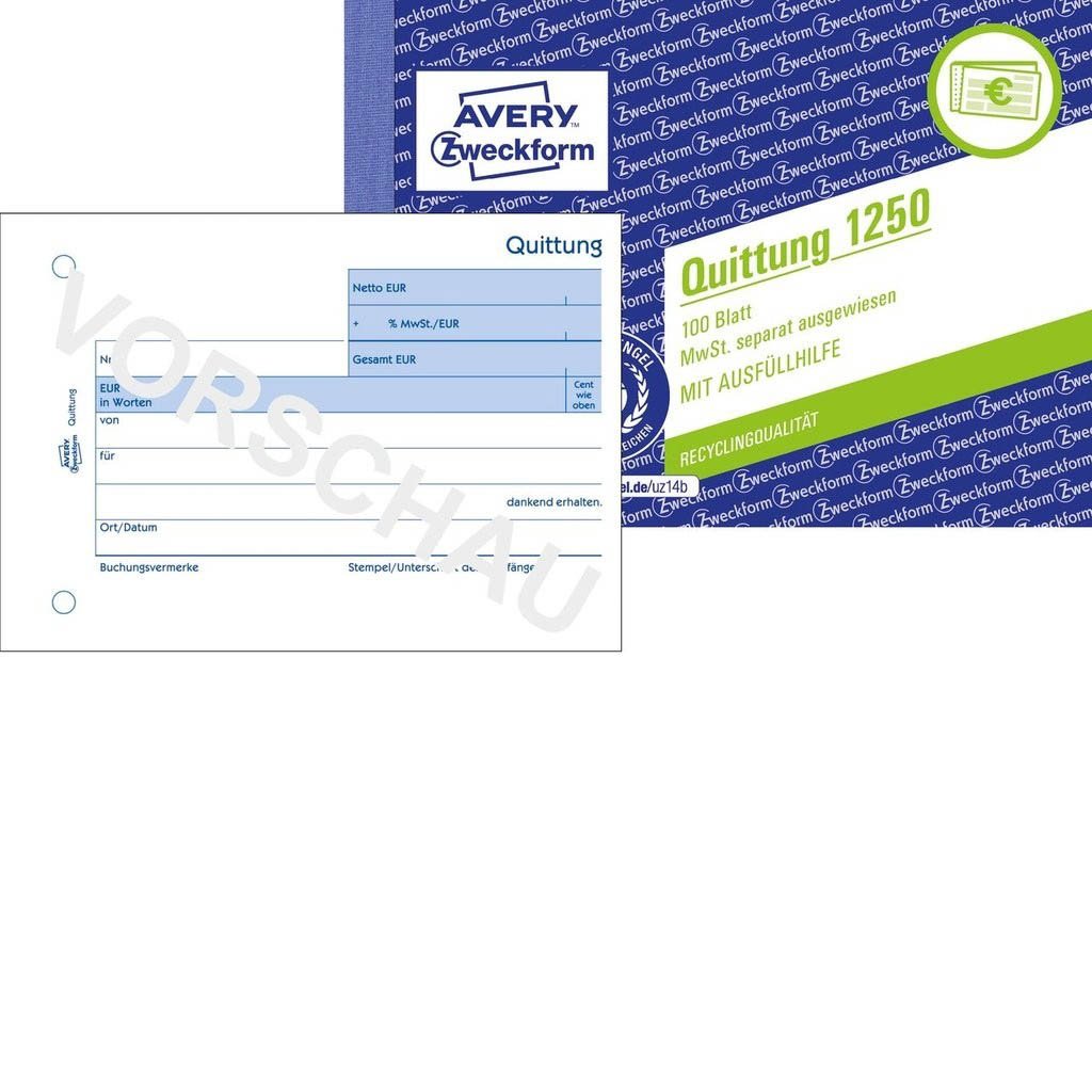 1250 Quittung MwSt. separat ausgewiesen - A6 quer, MP, fälschungssicher, 100 Blatt, weiß