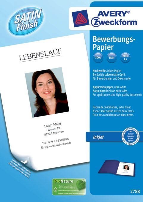 2788 Inkjet Bewerbungspapier, DIN A4, beidseitig beschichtet - satiniert, 100 g/qm, 200 Blatt