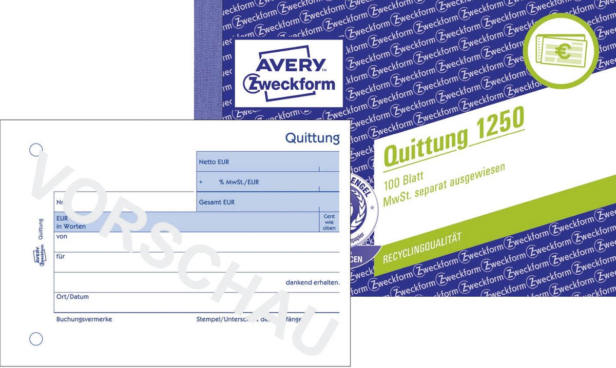 1250 Quittung MwSt. separat ausgewiesen - A6 quer, MP, fälschungssicher, 100 Blatt, weiß
