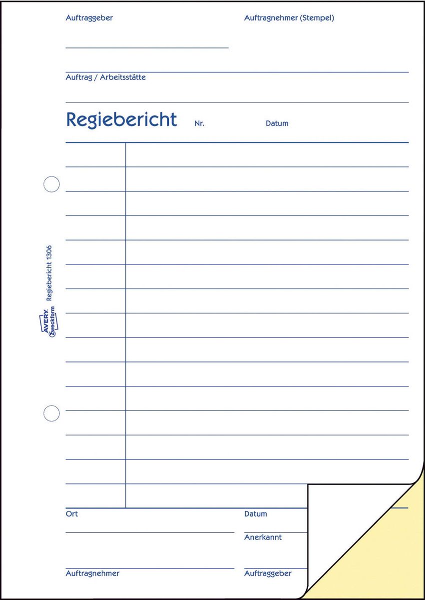 1306 Regiebericht, DIN A5, vorgelocht, 2 x 50 Blatt, weiß, gelb