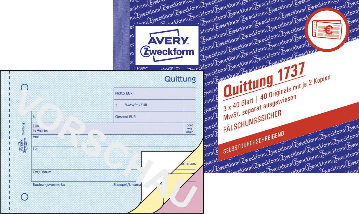 1737 Quittung MwSt. separat ausgewiesen - A6 quer, SD, fälschungssicher, 3 x 40 Blatt, weiß, gelb, rosa
