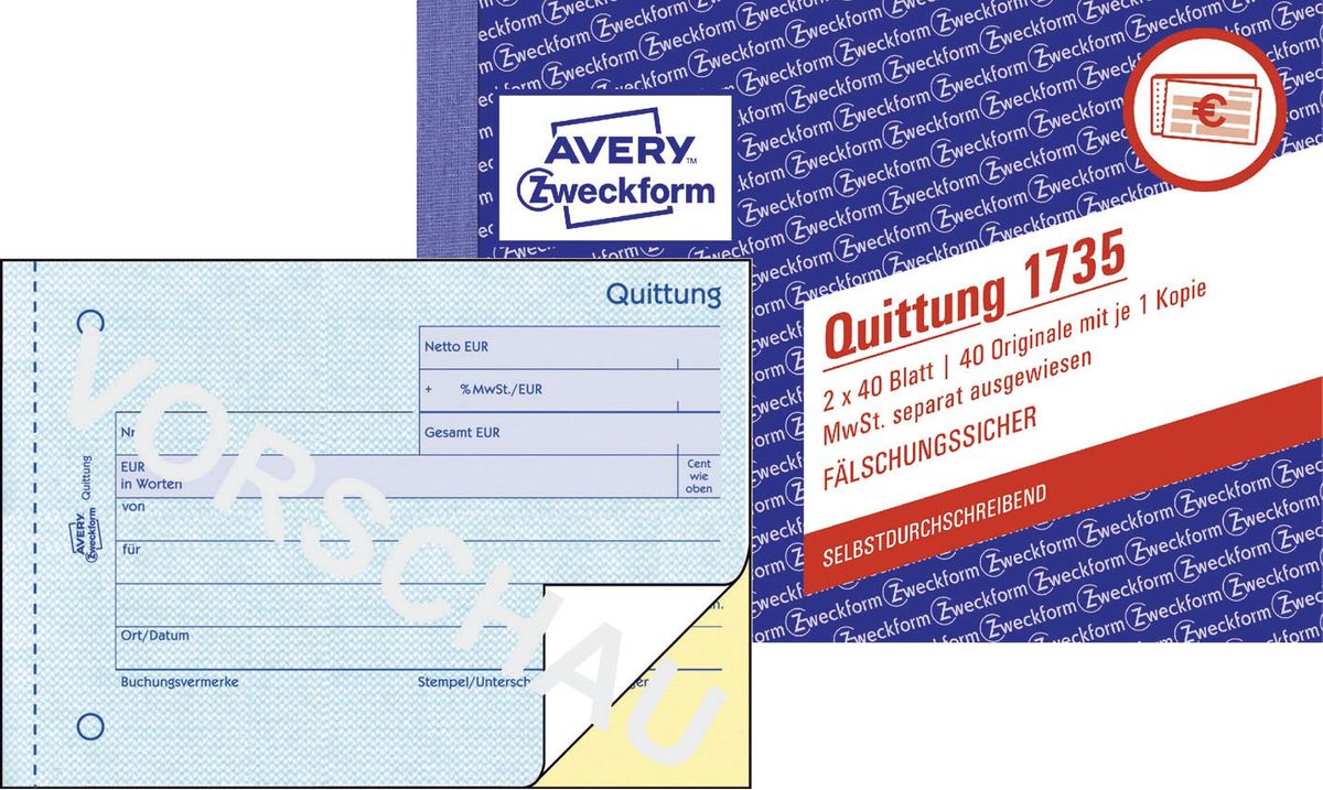 1735 Quittung MwSt. separat ausgewiesen, DIN A6 quer, fälschungssicher, 2 x 40 Blatt, weiß, gelb