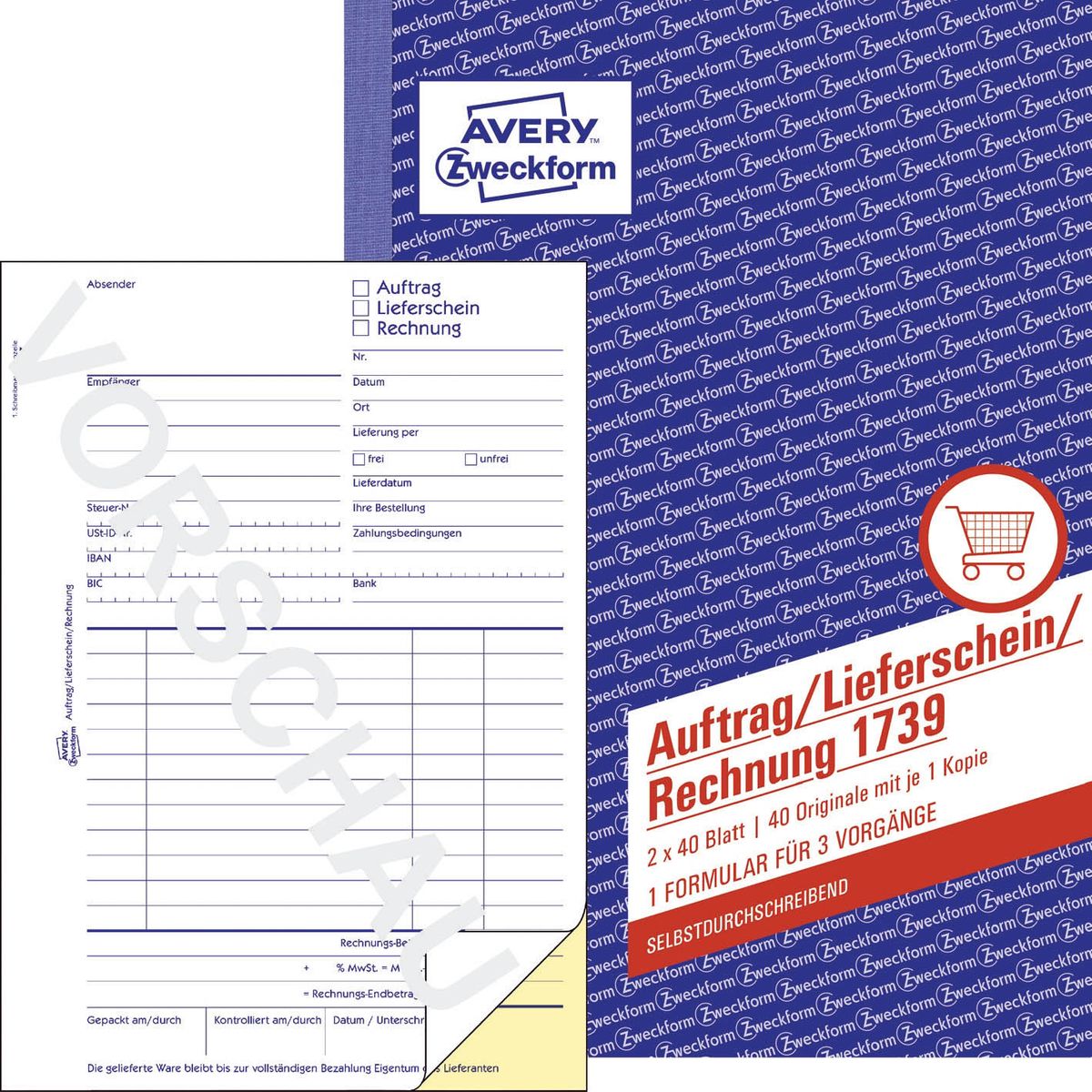 1739 Auftrag/Lieferschein/Rechnung, DIN A5, selbstdurchschreibend, 2 x 40 Blatt, weiß, gelb