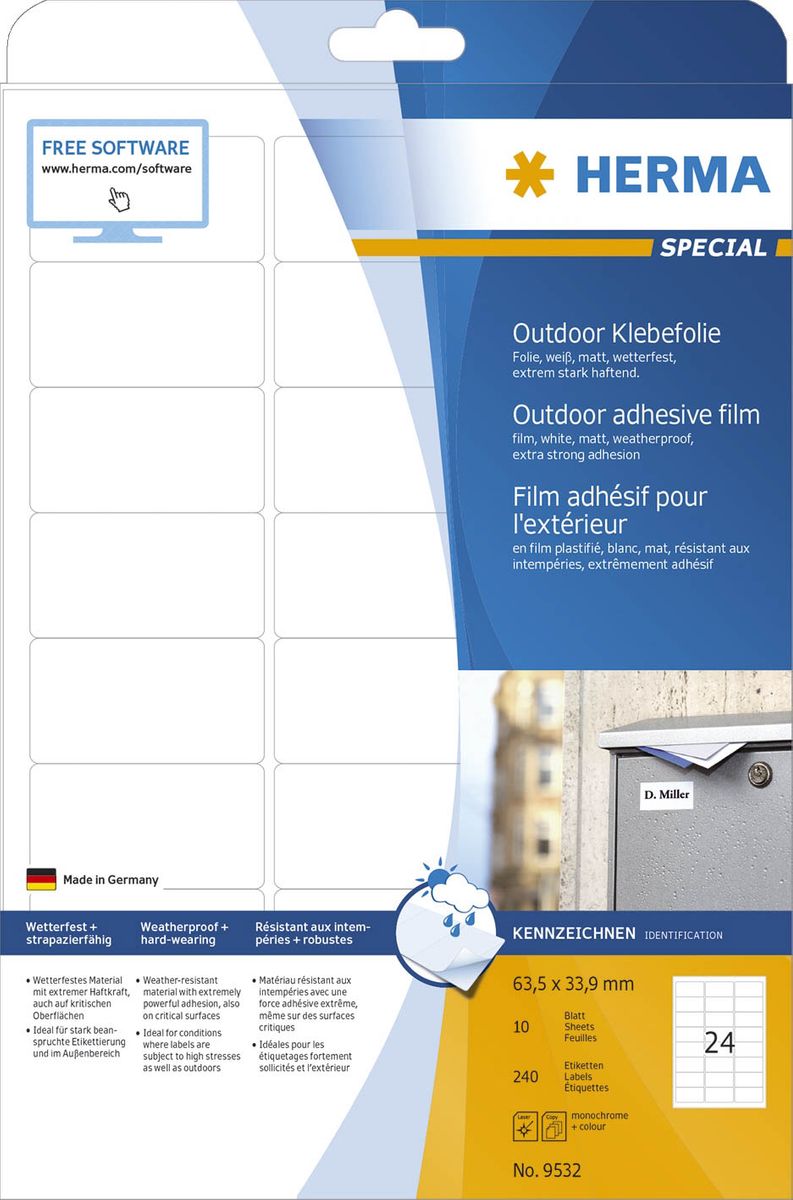 9532 Etiketten A4 Outdoor Klebefolie weiß 63,5x33,9 mm Folie matt 240 St.