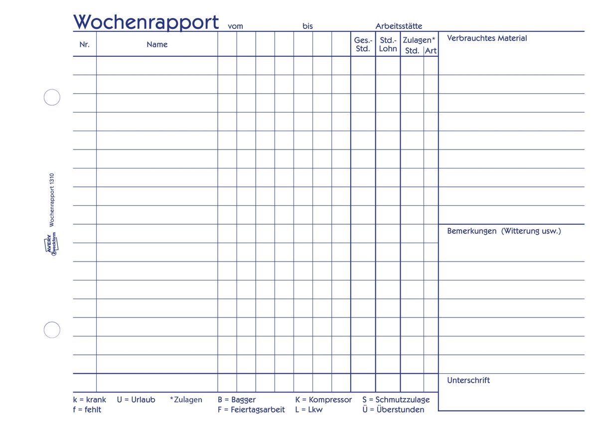 1310 Wochenrapport, DIN A5 quer, vorgelocht, 100 Blatt, weiß