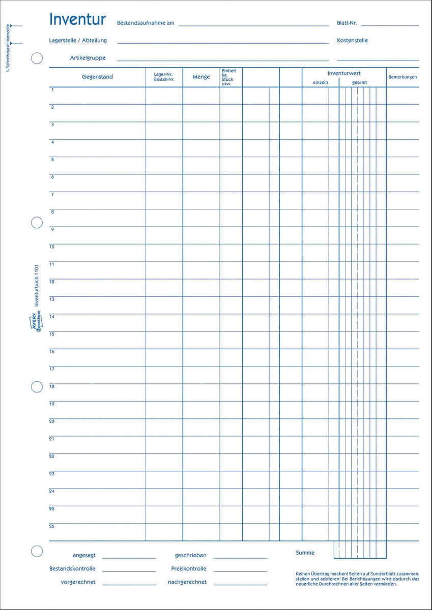 1101 Inventurbuch, DIN A4, vorgelocht, 50 Blatt, weiß