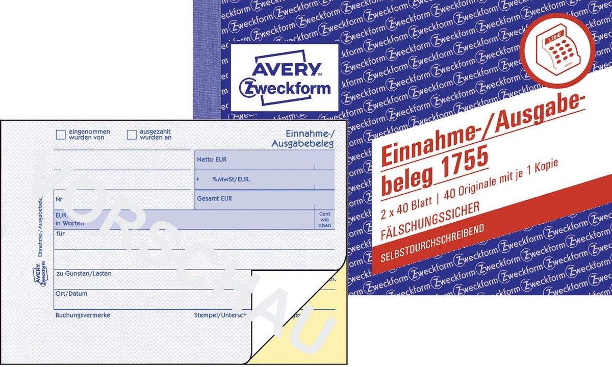 1755 Einnahme-/Ausgabebeleg - A6 quer, SD, MP, fälschungssicher, 2 x 40 Blatt, weiß, gelb