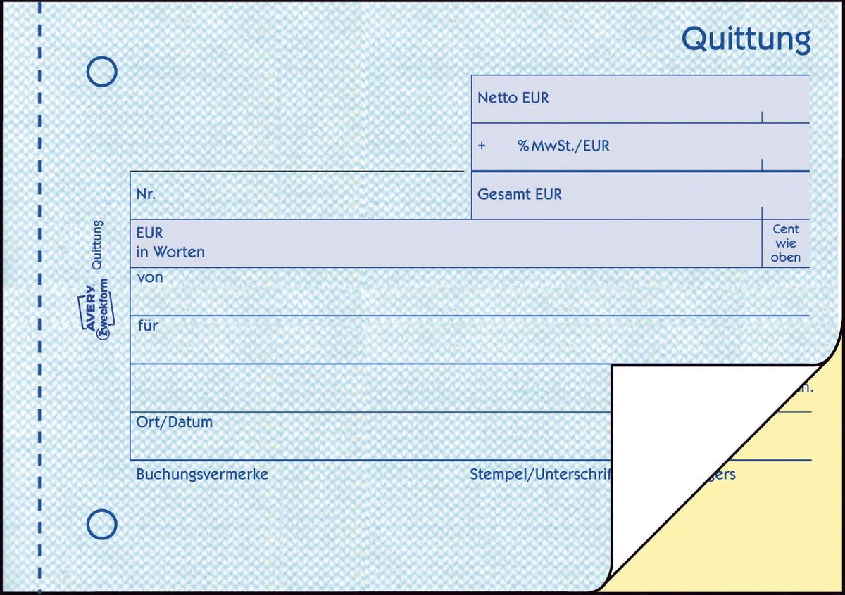 1735 Quittung MwSt. separat ausgewiesen, DIN A6 quer, fälschungssicher, 2 x 40 Blatt, weiß, gelb