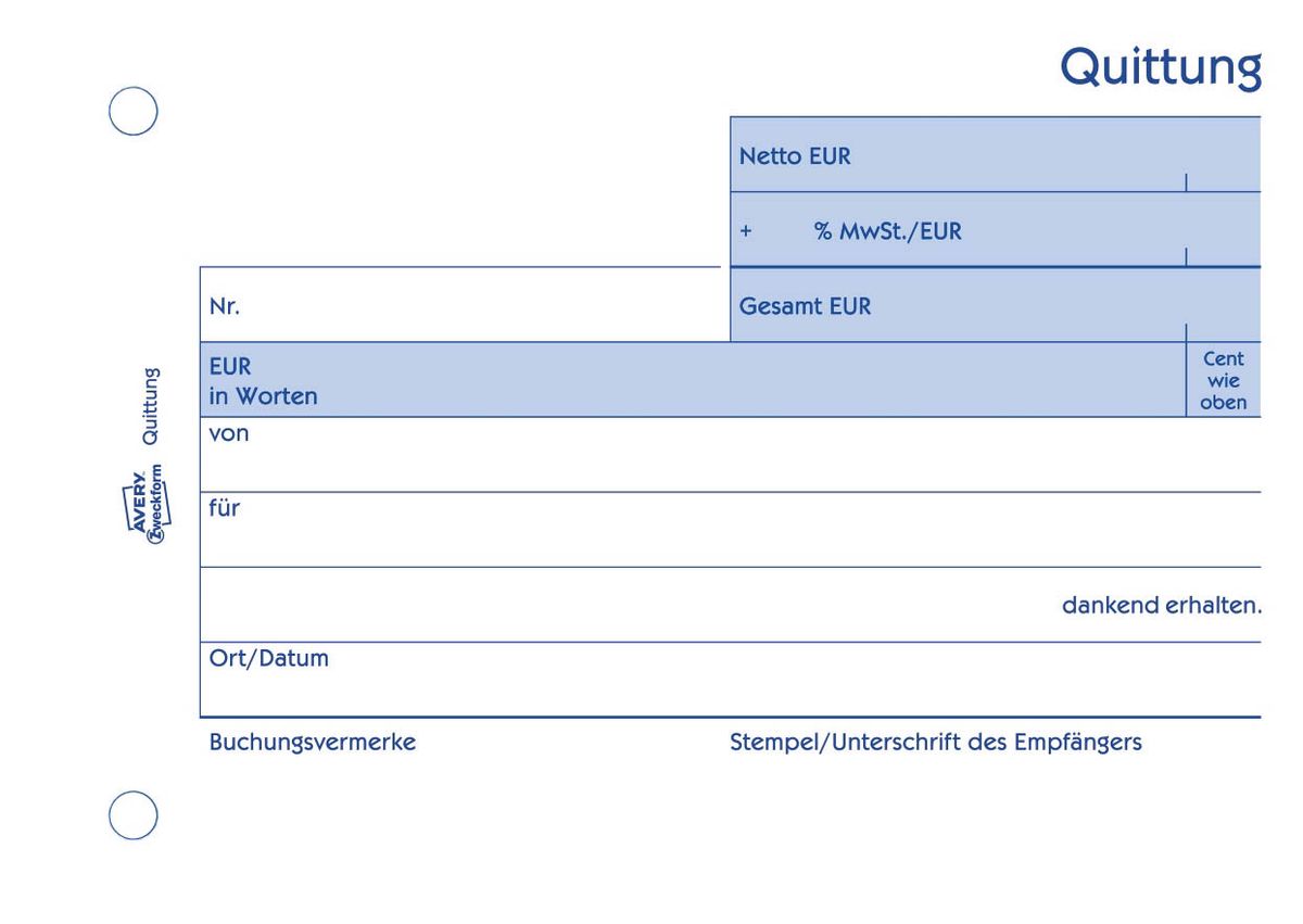 1250 Quittung MwSt. separat ausgewiesen - A6 quer, MP, fälschungssicher, 100 Blatt, weiß