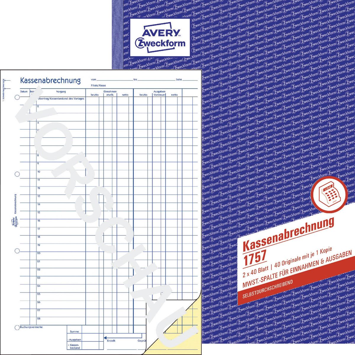 1757 Kassenabrechnung, 1.& 2.Bl. bedr. MwSt.-Spalte Ein-Ausgaben, SD, DIN A4, 2x40Bl.