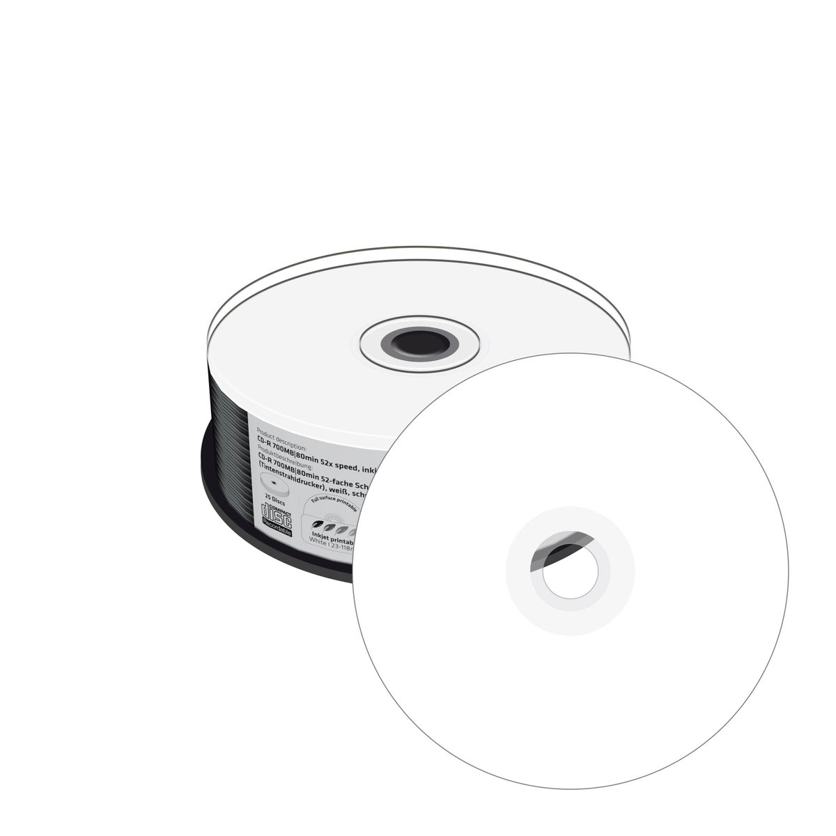 CD-R 700MB, 80min 52-fache Schreibgeschwindigkeit, vollflächig bedruckbar (Tintenstrahldrucker), schwarze Schreibseite, 25er Cakebox