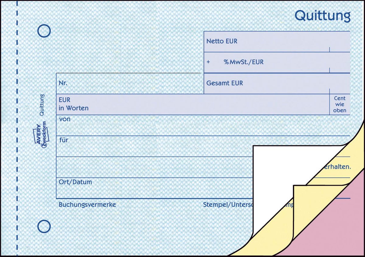 1737 Quittung MwSt. separat ausgewiesen - A6 quer, SD, fälschungssicher, 3 x 40 Blatt, weiß, gelb, rosa