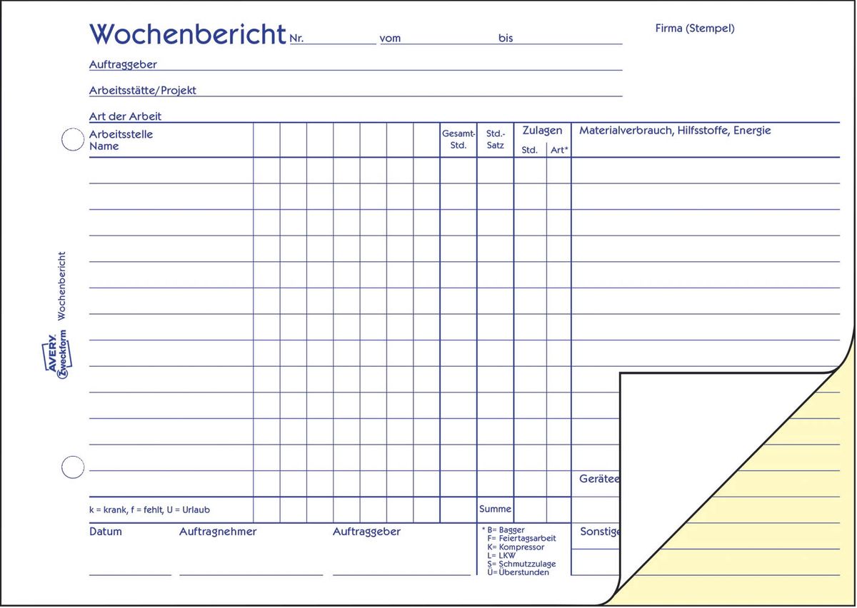 1311 Wochenbericht, DIN A5 quer, vorgelocht, 2 x 50 Blatt, weiß, gelb